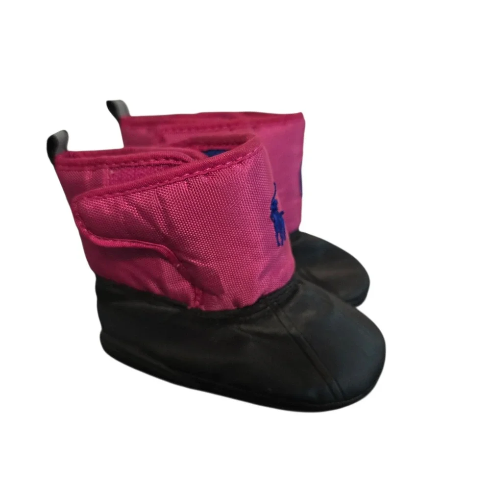 Polo Ralph Lauren Birta Pink Black Infant Snow Boots Size 3 USA Pony Logo Fleece